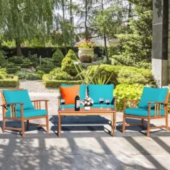 Costway 8PCS Wooden Patio Furniture Set Table Sofa Chair Cushioned Garden Turquoise -Outdoor Deals Garden Store GUEST 464cd69a faf2 4706 ae68 55b340bd7687