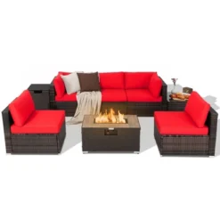 Costway 8PCS Patio Rattan Furniture Set Fire Pit Table Tank Holder Cover Deck Off White/Black/Navy/Red/Turquoise -Outdoor Deals Garden Store GUEST 469d391d 0e8f 4abb 913f bdf05278ae6a