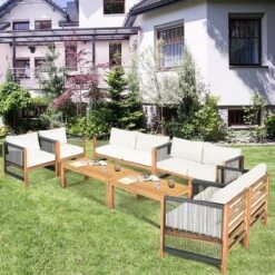 Costway 8PCS Wooden Patio Furniture Set Cushioned Sofa W/Rope Armrest WhiteTurquoiseRed -Outdoor Deals Garden Store GUEST 46a3efe5 b122 41ce 85c1 aae2ec96ede2