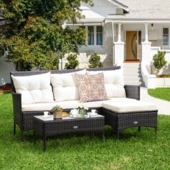 Costway 3PCS Patio Rattan Furniture Set 3-Seat Sofa Cushioned Table Garden TurqouiseGrayWhite -Outdoor Deals Garden Store GUEST 47e8d26c 6cac 489e b1d9 4934c42b7cec