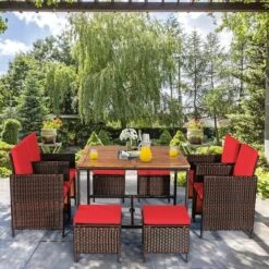 Costway 9PCS Patio Rattan Dining Set Cushioned Chairs Ottoman Wood Table Top WhiteRed -Outdoor Deals Garden Store GUEST 487da5d2 80e4 4ce2 935c c86d74c47897