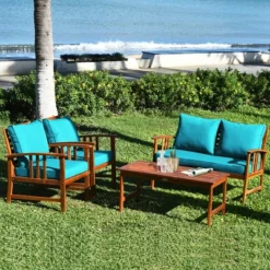 Costway 4PCS Wooden Patio Furniture Set Table Sofa Chair Cushioned Garden Turquoise -Outdoor Deals Garden Store GUEST 4a27eb44 b8a0 4708 b8a9 6aaca79dbdde