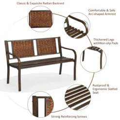 Costway Patio Garden Bench Steel Frame Rattan Backrest Park Yard Outdoor Porch Furniture -Outdoor Deals Garden Store GUEST 4aa939de 2abe 4db9 9bb0 5be7bcb484e6