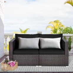 Costway 2PCS Patio Rattan Corner Sofa Sectional Furniture Set Black Cushion BlackRed -Outdoor Deals Garden Store GUEST 4ab7410b 8863 4788 8385 4061608a18e9