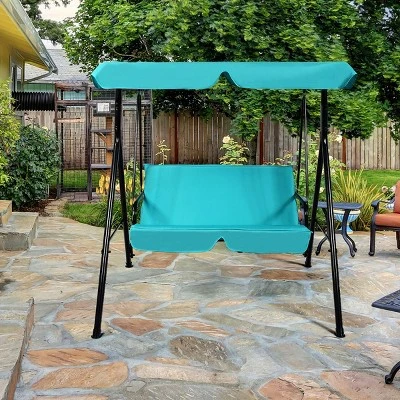 Costway Loveseat Patio Canopy Swing Glider Hammock Cushioned Blue 2 Costway Loveseat Patio Canopy Swing Glider Hammock Cushioned Blue - Image 2