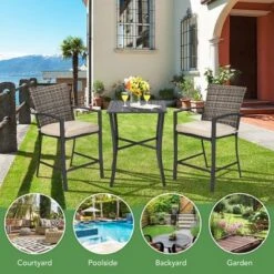 3PCS Patio Rattan Bar Furniture Set Slat Table 2 Cushioned Stools Poolside Gray -Outdoor Deals Garden Store GUEST 4c5c4277 a415 433c 96f6 1bd8e3117d9d