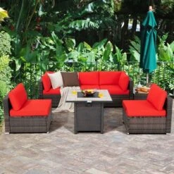 Costway 7PCS Patio Rattan Furniture Set 30'' Fire Pit Table Cover Cushion Sofa Off WhiteBlackNavyRedTurquoise -Outdoor Deals Garden Store GUEST 4cb6b74e 7a94 4fa9 afc8 3ca611bb71cd