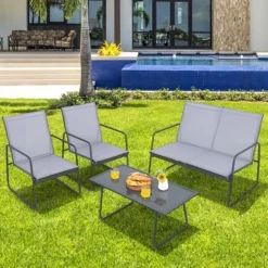 Costway 4-Piece Metal Patio Furniture Chat Set Outdoor Conversation Table Garden