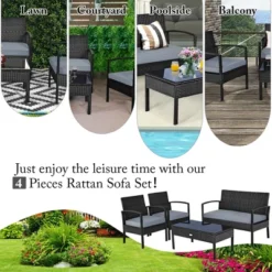 Costway 4PCS Outdoor Patio Rattan Furniture Set Cushioned Sofa Coffee Table Garden Deck -Outdoor Deals Garden Store GUEST 4f6746c1 1155 49c7 b585 571e68f2dbed