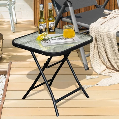 Costway Patio Folding Square Glass Side Table Bistro Coffee Table Plant Stand 3 Costway Patio Folding Square Glass Side Table Bistro Coffee Table Plant Stand - Image 3