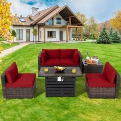 Costway 6PCS Patio Rattan Furniture Set 42'' Fire Pit Table Cover Sofa Cushion Off White/Black/Navy/Red/Turquoise -Outdoor Deals Garden Store GUEST 50ef4a20 8839 43c2 bb38 08a0cb99bcfa