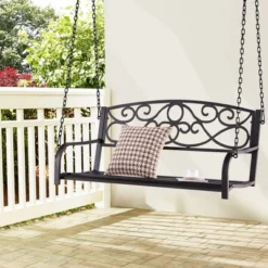Costway Outdoor 2-Person Metal Porch Swing Hanging Patio Bench 485 Lbs Capacity BlackBrown -Outdoor Deals Garden Store GUEST 51433fb6 3ec9 41f8 9d34 c377cda6bba0