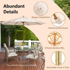 10FT Patio Wooden Market Table Umbrella Pulley W/8 Bamboo Ribs Sunshade Canopy -Outdoor Deals Garden Store GUEST 52e1c174 cb93 4cea 9b77 cdb58d802104