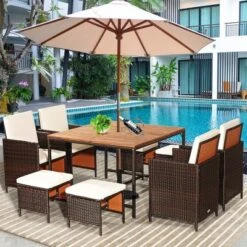 Costway 9PCS Patio Rattan Dining Set Cushioned Chairs Ottoman Wood Table Top WhiteRed -Outdoor Deals Garden Store GUEST 531a1ed4 28c3 42a6 a45a c40caad6aa74