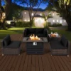 Costway 6PCS Patio Rattan Furniture Set 42'' Fire Pit Table Cover Sofa Cushion Off White/Black/Navy/Red/Turquoise