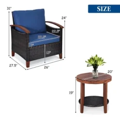 Costway 3PCS Patio Rattan Furniture Set Wooden Frame Cushion Table Shelf RedBeigeBlue
