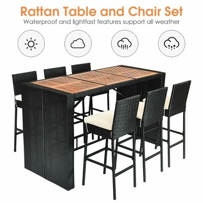 COSTWAY 7 PCS Patio Rattan Wicker Bar Dining Furniture Set Wood Table Top 6 Stools 7 COSTWAY 7 PCS Patio Rattan Wicker Bar Dining Furniture Set Wood Table Top 6 Stools - Image 7