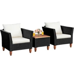 Costway 3 PCS Outdoor Patio Rattan Bistro Furniture Set Wooden Table Top Cushioned Sofa Black Brown -Outdoor Deals Garden Store GUEST 56055d9d a46f 4947 a4a9 9f9b901bbc66