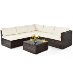 Costway 6PCS Patio Rattan Furniture Set Cushioned Sofa Coffee Table Garden