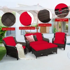 Costway 5PCS Patio Rattan Furniture Set Loveseat Sofa Ottoman W/RedWhite Cushion -Outdoor Deals Garden Store GUEST 56eb7fb4 8216 4de2 b75b d303ae084605