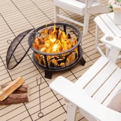 Costway 26" Outdoor Fire Pit Wood Burning Metal Firepit Bowl With Spark Screen Poker