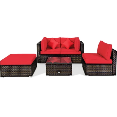 Costway 5PCS Outdoor Patio Rattan Furniture Set Sectional Conversation W/Red Cushions 1 Costway 5PCS Outdoor Patio Rattan Furniture Set Sectional Conversation W/Red Cushions