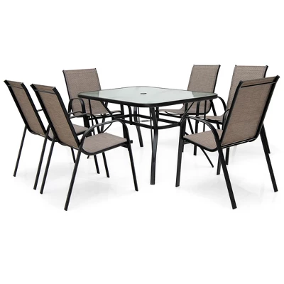 Costway 7PCS Patio Dining Set 6 Stackable Chairs Glass Table Umbrella Hole Yard 8 Costway 7PCS Patio Dining Set 6 Stackable Chairs Glass Table Umbrella Hole Yard - Image 8