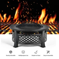 Costway 32'' Round Fire Pit Set W/ Rain Cover BBQ Grill Log Grate Poker -Outdoor Deals Garden Store GUEST 58f85b9d 91a6 4635 a757 e638949ae55e