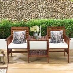 Costway Patio Loveseat Conversation Set Acacia Wood Chair Coffee Table Cushioned White Red -Outdoor Deals Garden Store GUEST 5b75e35d 6e29 46da a4c7 75da2679414e