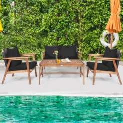 Costway 4PCS Patio Rattan Furniture Set Wooden Cushioned Sofa With Black & Turquoise Cover -Outdoor Deals Garden Store GUEST 5c02e26b cb09 4a1d 931c 5d2bb78716c3