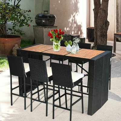 COSTWAY 7 PCS Patio Rattan Wicker Bar Dining Furniture Set Wood Table Top 6 Stools 3 COSTWAY 7 PCS Patio Rattan Wicker Bar Dining Furniture Set Wood Table Top 6 Stools - Image 3