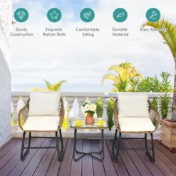 Costway 3PCS Patio Rattan Bistro Set All-Weather Cushioned Chair Table White -Outdoor Deals Garden Store GUEST 5ce94756 1591 43f0 88f6 e98709c7a4af