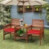 Costway Patio Loveseat Conversation Set Acacia Wood Chair Coffee Table Cushioned White Red