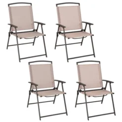 Costway 4 Pcs Patio Folding Sling Dining Chairs Armrests Steel Frame Outdoor Beige/Grey -Outdoor Deals Garden Store GUEST 5fb1487b fb24 4ea3 9d97 069aaefb07c7