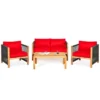 Costway 4PCS Wooden Patio Furniture Set Cushioned Sofa W/Rope Armrest WhiteTurquoiseRed