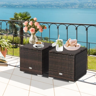 Costway 2PCS Patio Rattan Ottomans Seat Side Table Storage Box Footstool W/Cushions Navy 1 Costway 2PCS Patio Rattan Ottomans Seat Side Table Storage Box Footstool W/Cushions Navy