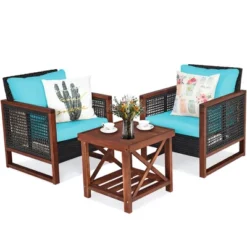 Costway 3PCS Patio Wicker Furniture Set Solid Wood Frame Cushion Sofa W/ Square Table Shelf -Outdoor Deals Garden Store GUEST 615abc9c 9e5c 49cc 91cf 2e9f93b61f10