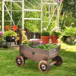 Outdoor Deals Garden Store 31 Decorative Wagon Cart Plant Flower Pot Stand Wooden Raised Garden Planter Box