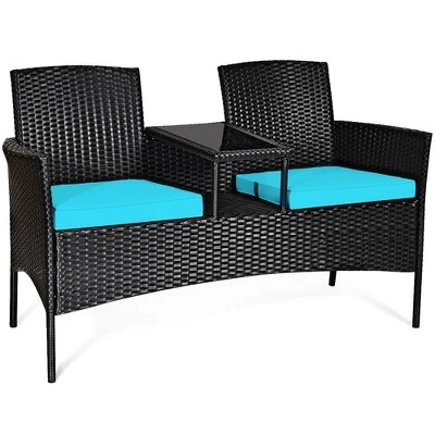 Costway Patio Rattan Conversation Set Seat Sofa Cushioned Loveseat Glass Table Chair RedTurquoise 7 Costway Patio Rattan Conversation Set Seat Sofa Cushioned Loveseat Glass Table Chair RedTurquoise - Image 7