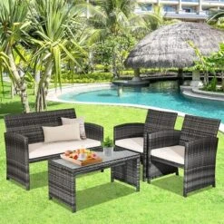 Costway 4PCS Patio Rattan Furniture Set Conversation Glass Table Top Cushioned TurquoiseRed -Outdoor Deals Garden Store GUEST 6329eb2f d216 4a8d 9921 f2b5036494d4
