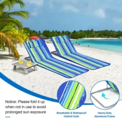 Costway 3-Piece Beach Lounge Chair Mat Set 2 Adjustable Lounge Chairs With Table BlueStripe -Outdoor Deals Garden Store GUEST 6450bc88 fc8c 4e47 a4f5 401d277fadfe