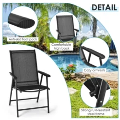 Costway 2PCS Patio Folding Dining Chairs Portable Camping Armrest Garden Black/Grey -Outdoor Deals Garden Store GUEST 66fe0d7e ca10 4160 91ee 0dacad31c5be