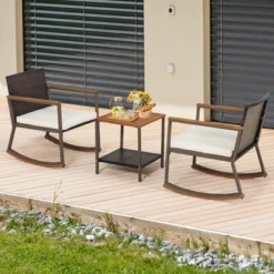 Costway 3PCS Patio Rattan Rocking Chair Bistro Set Armrest Cushion Table With Storage Shelf -Outdoor Deals Garden Store GUEST 67585143 9815 46a5 a63c 669e55b0016b