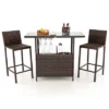 Costway Patio 3PCS Wicker Bar Set Height Table Two Stools With 3 Rows Stemware Racks Garden