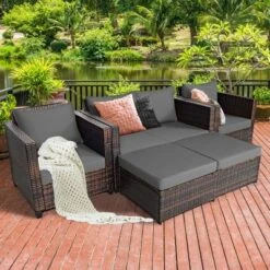 Costway 5PCS Patio Rattan Furniture Set Loveseat Sofa Ottoman Cushioned RedWhite -Outdoor Deals Garden Store GUEST 677e57ef 927d 4171 a0cb e16e1c7aa8b5