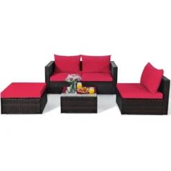 5PCS Patio Rattan Furniture Set Sectional Conversation Sofa W/ Coffee Table Red Navy -Outdoor Deals Garden Store GUEST 684cc83d ac4e 41f8 8aa7 e9316505cd7f