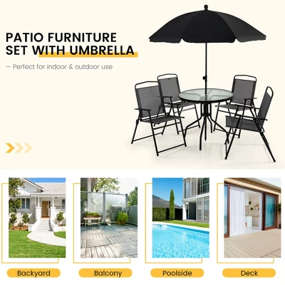 Costway 6 PCS Patio Dining Set Folding Chairs Glass Table Tilt Umbrella Garden 4 Costway 6 PCS Patio Dining Set Folding Chairs Glass Table Tilt Umbrella Garden - Image 4