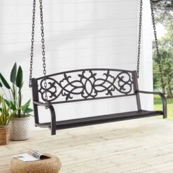 Costway 2-Person Metal Outdoor Porch Swing Hanging Patio Bench 485 Lbs Capacity BlackBrown -Outdoor Deals Garden Store GUEST 6a9dd632 6f15 4a23 a976 0cdc48d44077