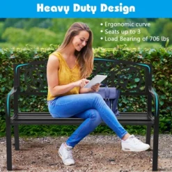 Costway Garden Bench Park Yard Outdoor Furniture Steel Frame Porch Path Loveseat Black -Outdoor Deals Garden Store GUEST 6ac96fa7 b932 4850 8497 6da3b4ed794b