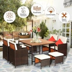 Costway 9PCS Acacia Wood Patio Rattan Dining Set Cushioned Chairs Ottoman -Outdoor Deals Garden Store GUEST 6ba3d465 2b05 4aa2 a5df 527f27330960